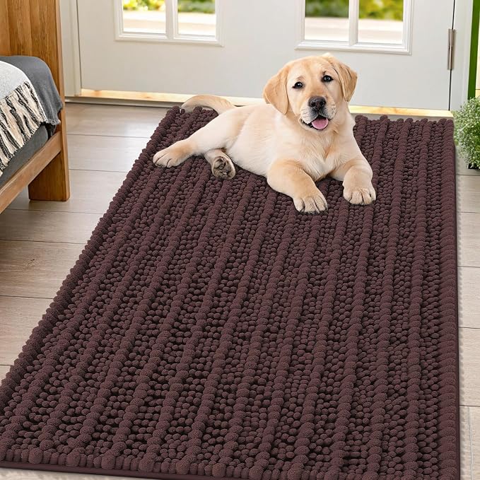 Smiry Dog Door Mat for Muddy Paws 47x32, Absorbent Dirt Trapper, Non-Slip Washable Chenille Entryway Rug for Inside Floor, Brown, Layered Pattern
