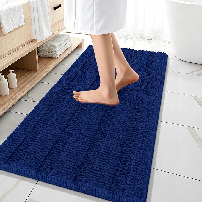 OLANLY Thick Bathroom Runner Rugs 47x20, Extra Absorbent Chenille Striped Bath Rugs, Rubber Backing, Machine Wash Dry, Long Bath Mats for Bathroom Floor, Tub and Shower, Home Decor Accessories, Navy