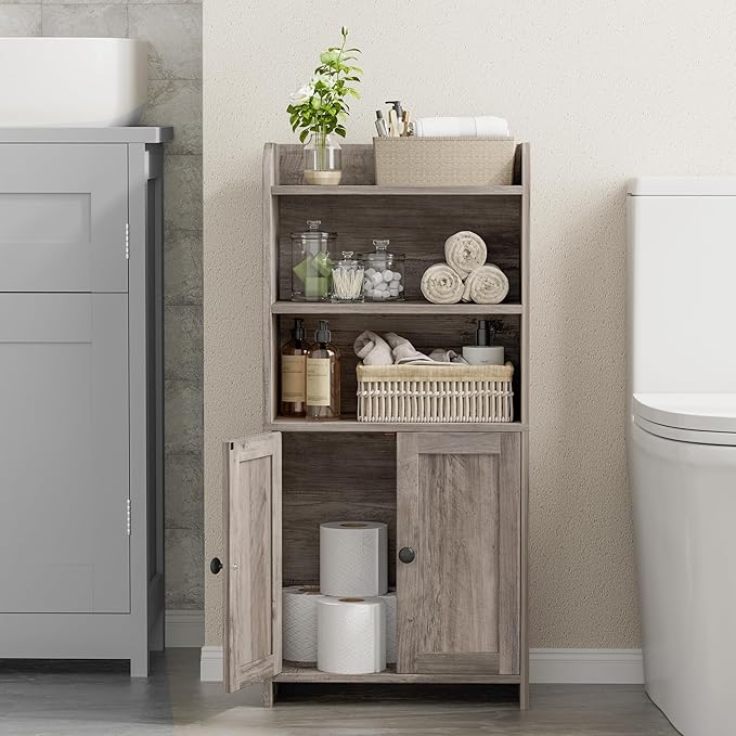 Homhedy Small Bathroom Storage Cabinet, Freestanding Toilet Paper Storage with 2 Doors and Shelves, Bathroom Organizers and Storage for Small Spaces, Laundry Room, 7.9" D x 14.6" W x 31" H, Greige