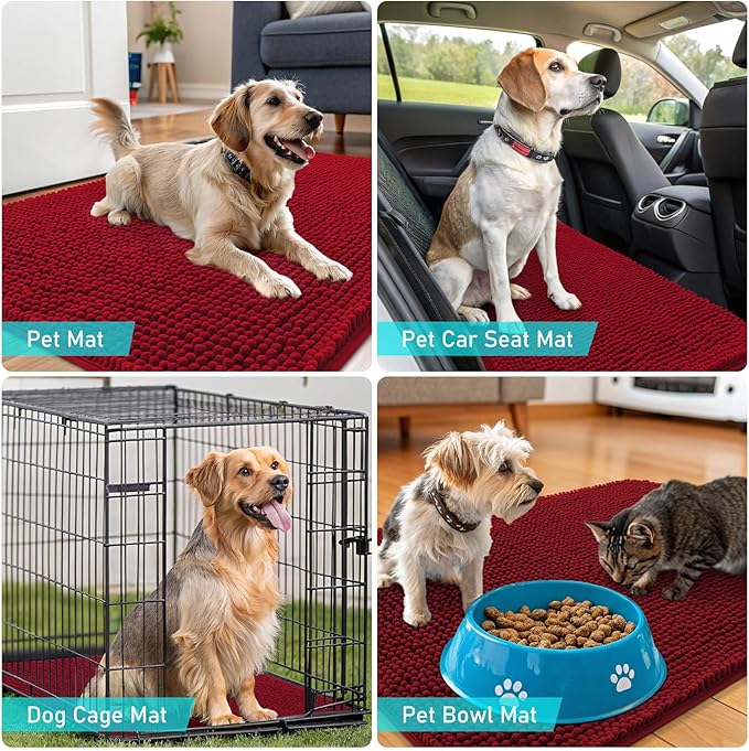 OLANLY Dog Door Mat for Muddy Paws 59x35, Absorbs Moisture and Dirt, Absorbent Non-Slip Washable Doormat, Quick Dry Chenille Mud Mat for Dogs, Entry Indoor Entryway Carpet for Inside Floor, Red