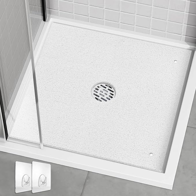 Extra Large Square Shower Mat for Inside Shower, 27 x 27 Inch Shower Floor Mat with Center Drain Hole, Designed for Walk-in Showers, Non-Slip Loofah Mat with Wide Coverage for Stable Standing
