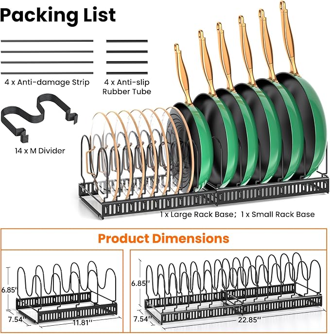 MUDEELA Pots and Pans Organizer Rack for under Cabinet, Expandable Pot Lid Kitchen Cabinet Organizer Holder with 14 Adjustable Compartment Cutting Board Organizer for Pan Lid, Bakeware