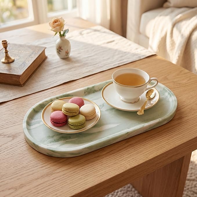 YKAJO Oval Real Marble Tray for Bathroom Kitchen Counter Stone Decorative Vanity Tray for Dresser Perfume Heavy Catchall Organizer for Soap Jewelry (Botanical Green, 11.8" x 5.9")