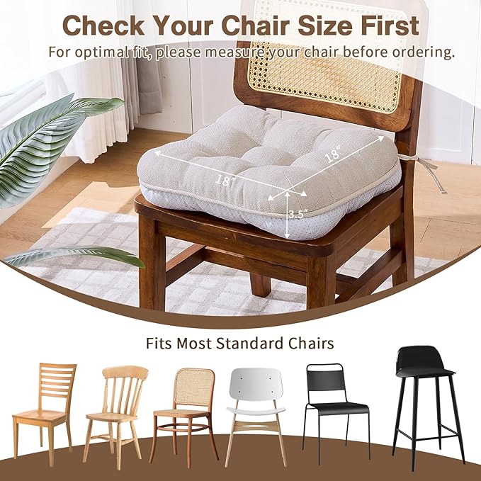 BETU Chair Cushions for Dining Chairs,3.5" Thick Kitchen Table Chair Pads with Ties,Non Slip Backing and Covers,Seat Cushion for Dining Room,Bar,Patio Chairs,18"X18"X3.5"