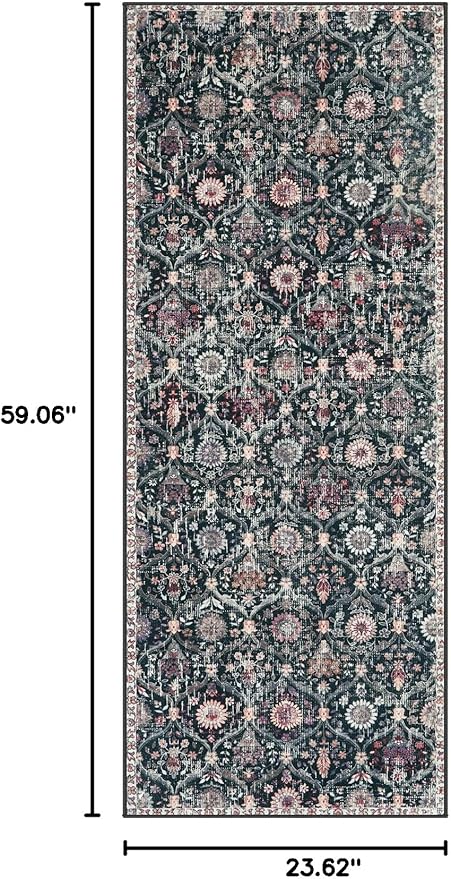 Lahome Moroccan Trellis Kitchen Runner, 2x5 Rug Runners for Hallways Non Slip Laundry Room Rug, Ultra-Thin Washable Vintage Carpet for Bedroom Bathroom Elise, Black/Multi