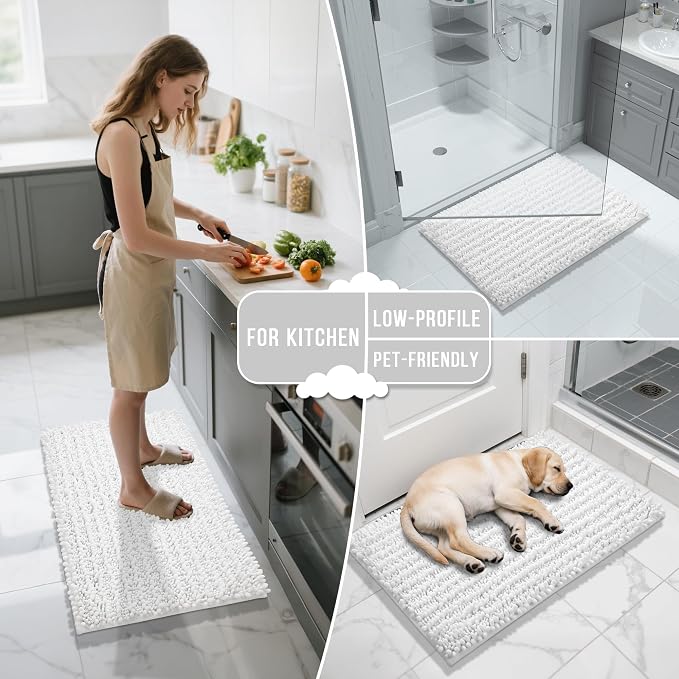 Yimobra Long Bathroom Rugs Non Slip Washable 44x24 Inch - Ultra Soft Absorbent Chenille Bath Mat, Quick Dry Shaggy Floor Carpet for Tub Shower, White Home Decor Accessories