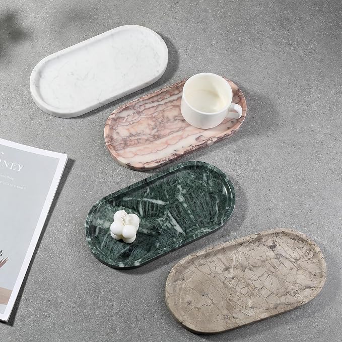 Koville Natural White Marble Tray for Home Decor, 10" x 5" Marble Vanity Tray for Bathroom Countertop Organizer Stone Trays, Catchall Tray for Perfume, Candles, Jewelry (Bianco Carrara)