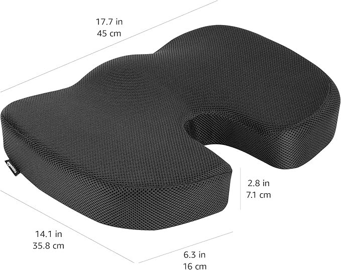 Amazon Basics Comfortable Seat Cushion for Office Chairs, Enhanced Memory Foam with Cooling Gel, Non-Slip, Long Sitting Support, Black