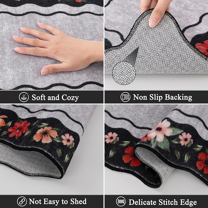 Vaukki Boho Kitchen Rug Sets 3 Pieces, Washable Kitchen Mats for Floor, Non Slip Soft Kitchen Area Rug Floor Mat for Kitchen, Laundry Room and Hallway (Flower-Black, 20''x32''+20''x47''+20''x59'')