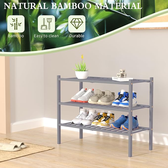 ROMGUAR CRAFT 3 Tier Bamboo Shoe Rack for Closet Free Standing Wood Shoe Shelf Storage Organizer for Entryway Small Space Stackable 27"x11"x20" (Grey)