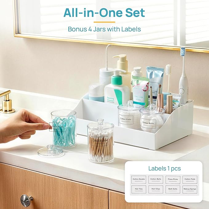 Vtopmart 5 PCS Bathroom Countertop Organizer, 1 Divided Tray with 4 Qtip Holder Jars, Restroom Clear Organizers for Toothbrush, Cotton Pads Balls, Floss, Bathroom Vanity Accessories Storage Set, White