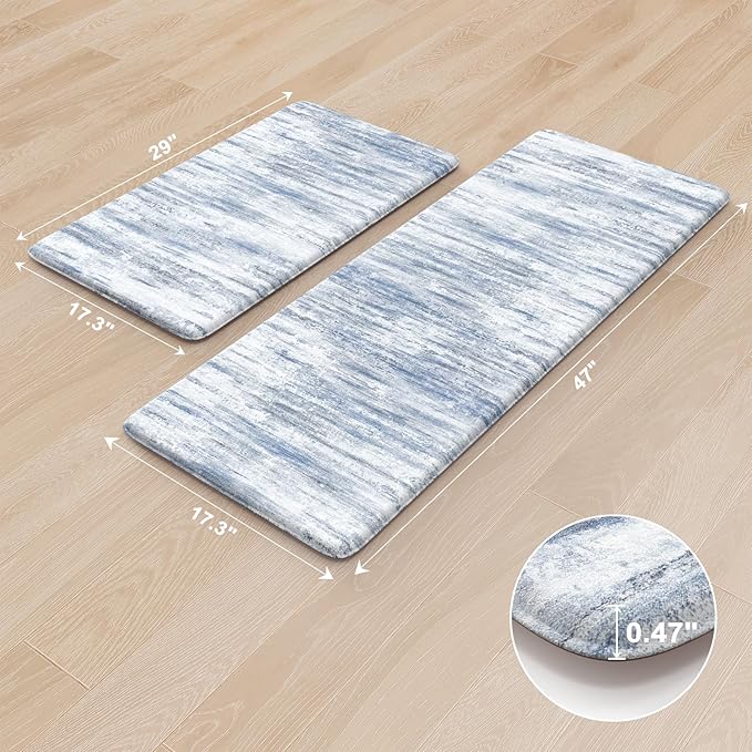 KIMODE Anti Fatigue Kitchen Mats 17"x47"+17"x29", Abstract Kitchen Rugs Sets of 2, Non Slip Kitchen Mats for Floor, Cushioned Comfort Standing Mats for Sink, Laundry, Office, Desk Multi-Blue