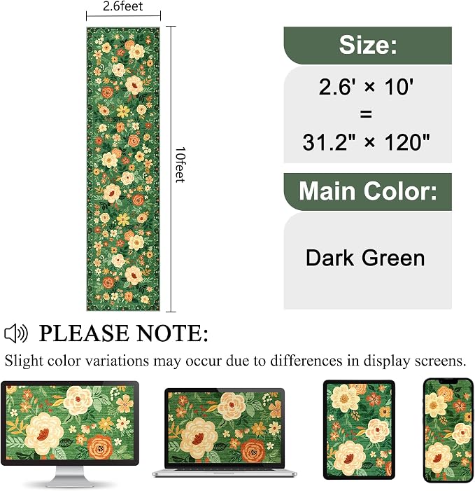 DUKINO Runner Rug for Hallway, 2.6x10 Washable Floral Long Kitchen Rug with Non Slip Backing, Lightweight & Stain Resistant Runners for Indoor Entrance, Laundry, Living Room, Bedroom, Dark Green