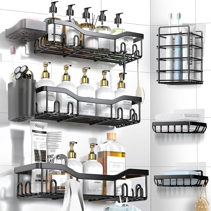NESOMI Shower Caddy Adhesive Shower Organizer 8-Pack, Rustproof Stainless Steel Bathroom Shelves, Large Capacity No-Drill Rack Storage Accessories with Soap Dish Toothbrush Holder Hooks