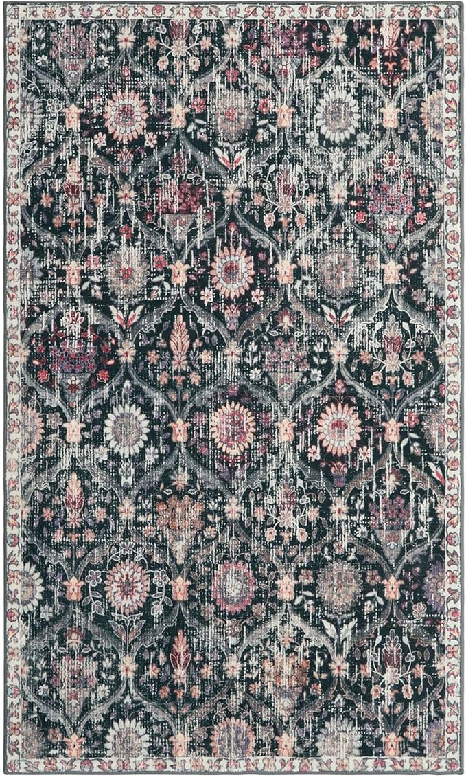 Lahome Moroccan Trellis Washable Small Area Rug, 3x5 Black Rug for Bedroom Living Room, Non-Slip Oriental Throw Carpet for Kitchen Office Entryway Bathroom Office Elise, Black/Multi