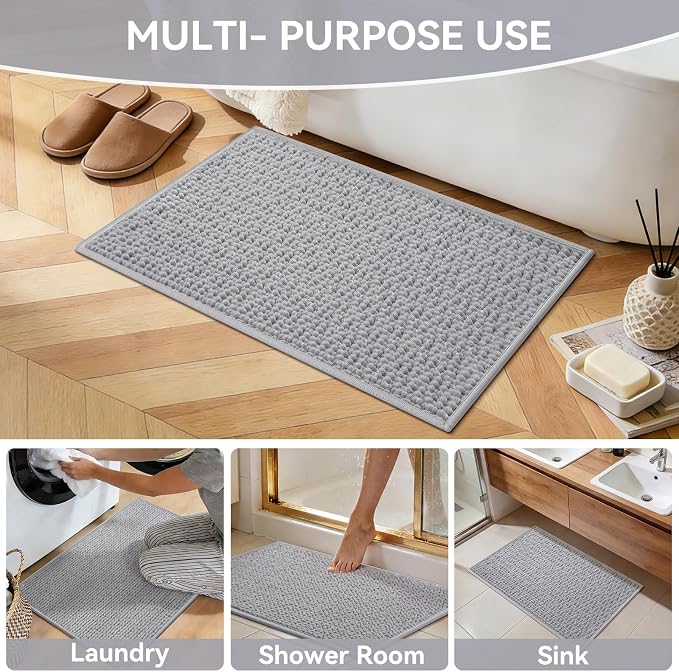 24x36 Extra Soft Chenille Bathroom Rugs - Non Slip Quick Dry Absorbent & Washable Bath Mat, Thin Low Profile Fit Under Door, Shower Mat for Outside Shower - Grey