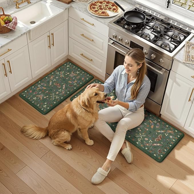 LEEVAN Anti Fatigue Mats for Kitchen Floor Non-Slip, Cushioned Kitchen Mats for Floor 20''x31''+20''x47'', Green Memory Foam Kitchen Mat Set