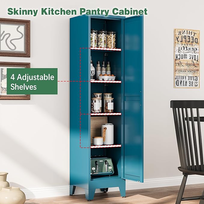 Tall Narrow Kitchen Pantry Cabinet for Small Space, 67" Metal Slim Pantry with Single Door and 4 Adjustable Shelves, Freestanding Skinny Storage Metal Broom Closet for Bathroom, Living Room, Laundry