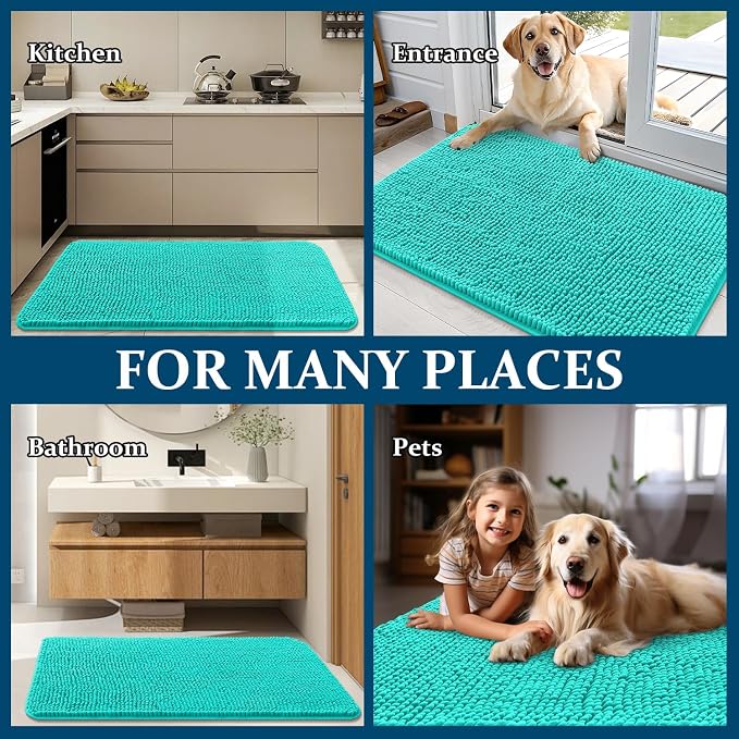OLANLY Dog Door Mat for Muddy Paws 48x30, Absorbs Moisture and Dirt, Absorbent Non-Slip Washable Doormat, Quick Dry Chenille Mud Mat for Dogs, Entry Indoor Entryway Carpet for Inside Floor, Teal