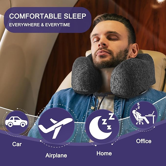 napfun Neck Pillow for Traveling, Upgraded Travel Neck Pillow for Airplane 100% Pure Memory Foam Travel Pillow for Flight Headrest Sleep, Portable Plane Accessories, Full Grey