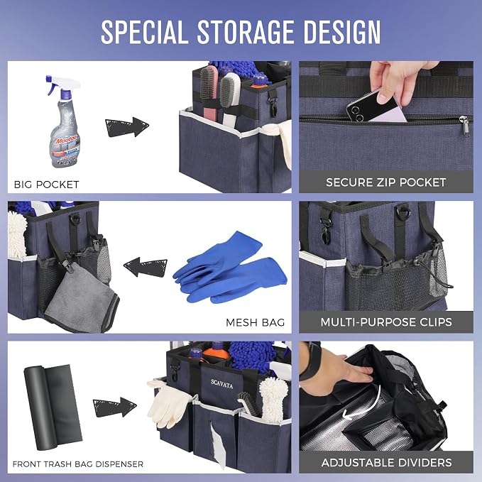 SCAVATA Wearable Caddy Bag, Cleaning Supplies Organizer With Handle & Shoulder Straps for Housekeepers, Under Sink & Car Tool Organizers With 4 Foldable Divider (NavyBlue)