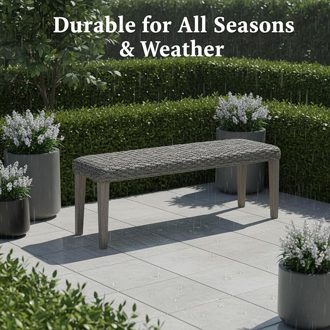 Outdoor Rattan Backless Bench, All-Weather Wicker & Solid Acacia Wood, Upholstered Premium Garden Bench with Woven Rattan Seat and Thick Outdoor Cushion for Patio, Porch, Living Room or Entryway