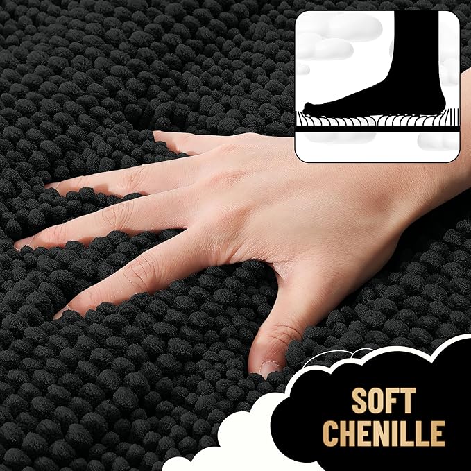 OLANLY Thick Large Bathroom Rugs 47x32, Extra Soft Absorbent Chenille Striped Bath Rugs, Rubber Backing, Machine Wash Dry, Bath Mats for Bathroom Floor, Tub and Shower, Home Decor Accessories, Black