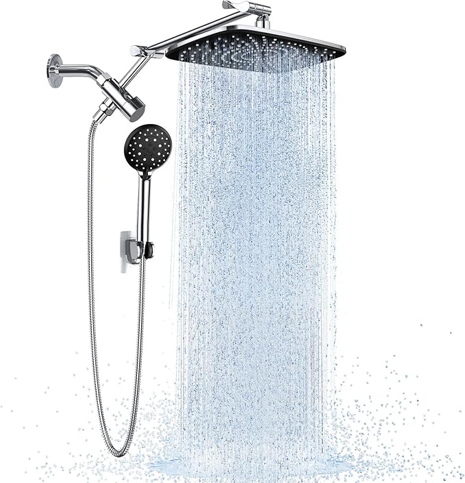 Veken 11.8" Rain Shower Head with Handheld, High Pressure Handheld Shower with Multi Spray Modes, Rainfall Combo with 15" Metal Extension Arm, Detachable Dual Shower, Bathroom Decor, Chrome Silver