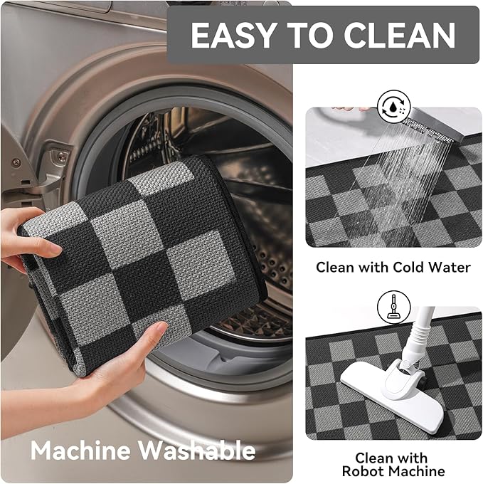 YDKGL Kitchen Mats for Floor Kitchen Rugs Non Slip Washable, Super Absorbent Linen-Look Woven Runner Rug, Kitchen Sink Mat Standing Mat, Black Gray Checkered 17"x47"