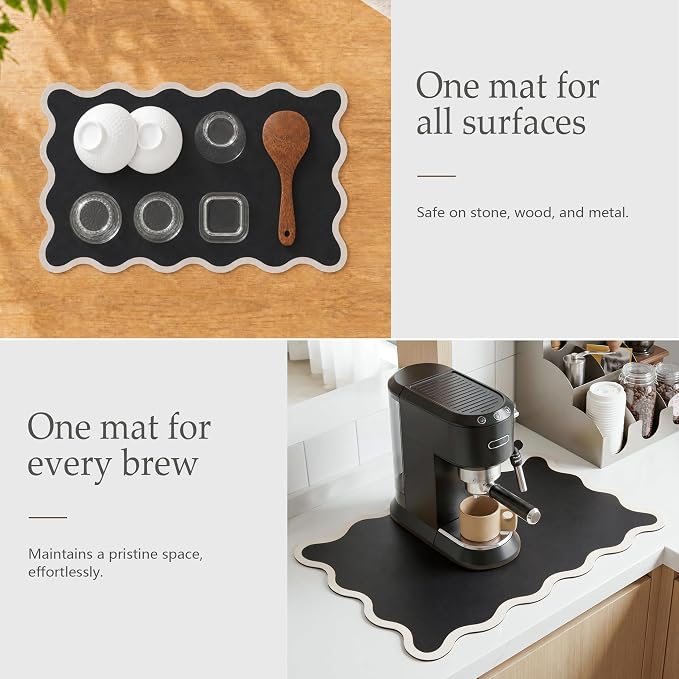 Scalloped Dish Drying Mat for Kitchen Counter, Absorbent Easy Clean Non-slip Coffee Bar Station Accessories, Trendy Cute Aesthetic Modern Drainer Kitchen Drying Mat, Black 15" x 24"