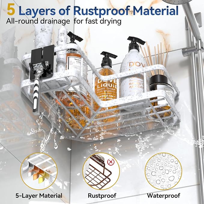 YASONIC Corner Shower Caddy, 5-Pack Adhesive Rustproof Stainless Steel Shower Organizer with Soap Holder, No Drilling Shower Shelf for Inside Shower, Dorm, Renters, White