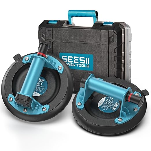 SEESII Suction Cups for Glass Lifting: 8" Tile Suction Cup Lifter with Handle and Pump, 200KG Load Capacity Heavy Duty Vacuum Lifter for Lifting Large Tile, Granite, Metal, Windows (2-Pack)