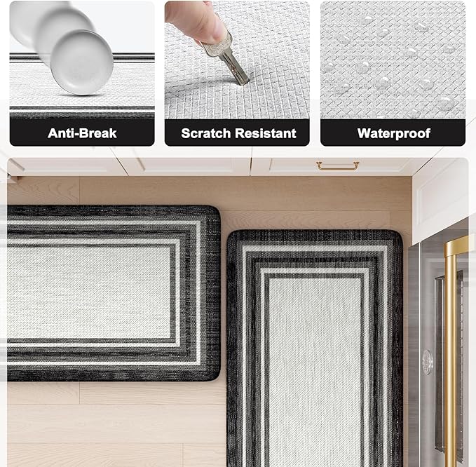 KIMODE Anti Fatigue Kitchen Mat for Floor, 20"x47"+20"x32" Kitchen Rugs Set of 2, Non Slip Kitchen Floor Mats Cushioned, Comfort Mats for Kitchen Floor, Sink, Laundry, Office, Desk Black and White