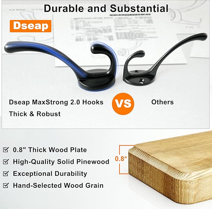 Dseap Coat Rack Wall: 38-1/4" Long, Patented, Heavy-Duty, 10-Double-Hooks Wooden Wall Mounted Coat Rack Coat Hanger Hook Rail for Winter Coats Hat Jacket Clothing, Weathered Blue