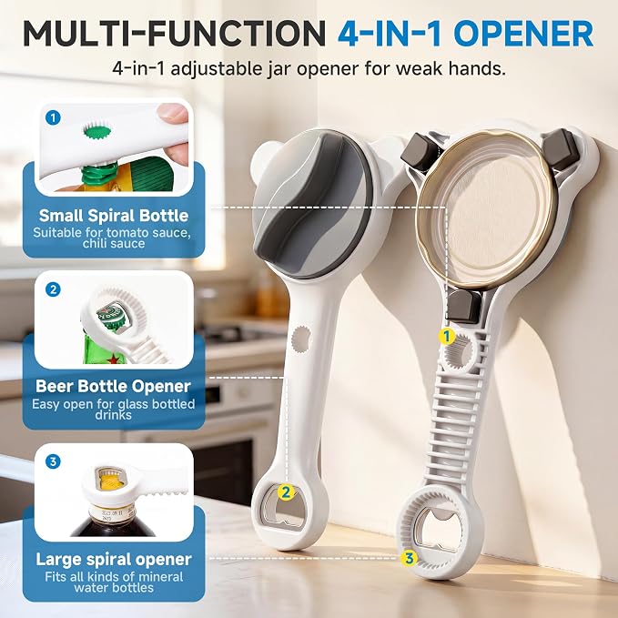 2026 Upgraded 4-in-1 Jar Opener - Adjustable Stainless Steel Lid Remover for Seniors & Arthritis Sufferers, Fits Kitchen Jars, Bottles & Cans Grey