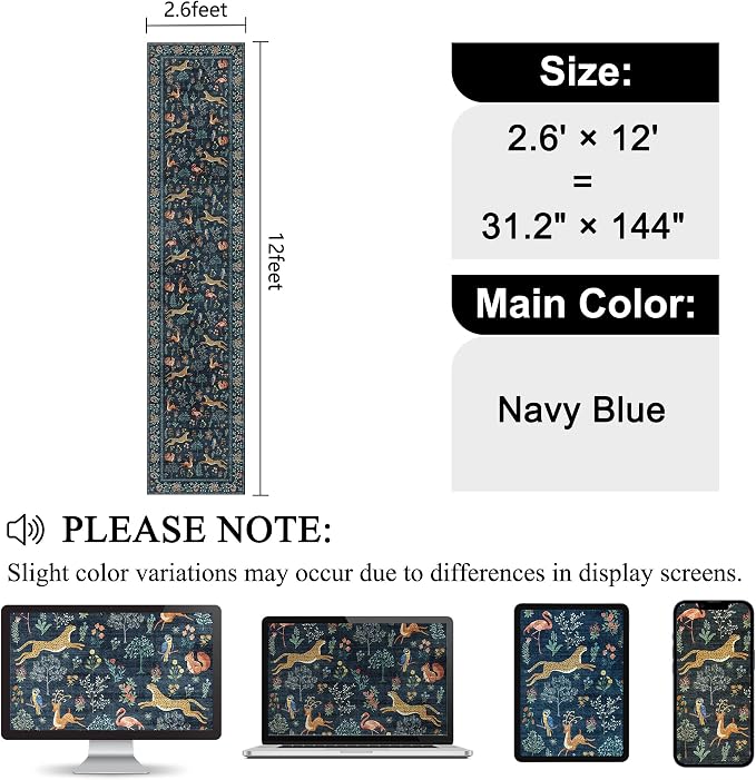 DUKINO 2.6x12 Hallway Runner Rug, Vintage Washable Loog Kitchen Rug with Non Slip Backing, Stain Resistant & Low Pile Animal Print Carpet for Indoor Entrance Bathroom, Laundry, Bedroom, Navy Blue
