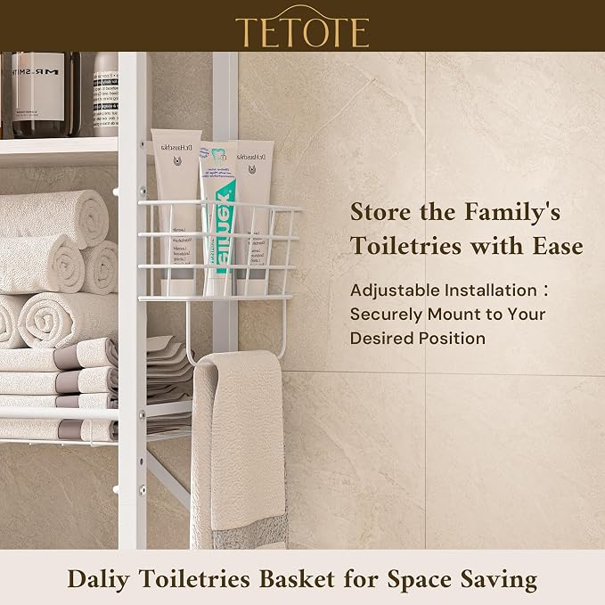 TETOTE Over-The-Toilet Storage Rack, 4-Tier Bathroom Organizer Shelf Over Toilet with Adjustable Shelf and Basket, Freestanding Space Saver Bathroom Shelves Above Toilet for Room(White)