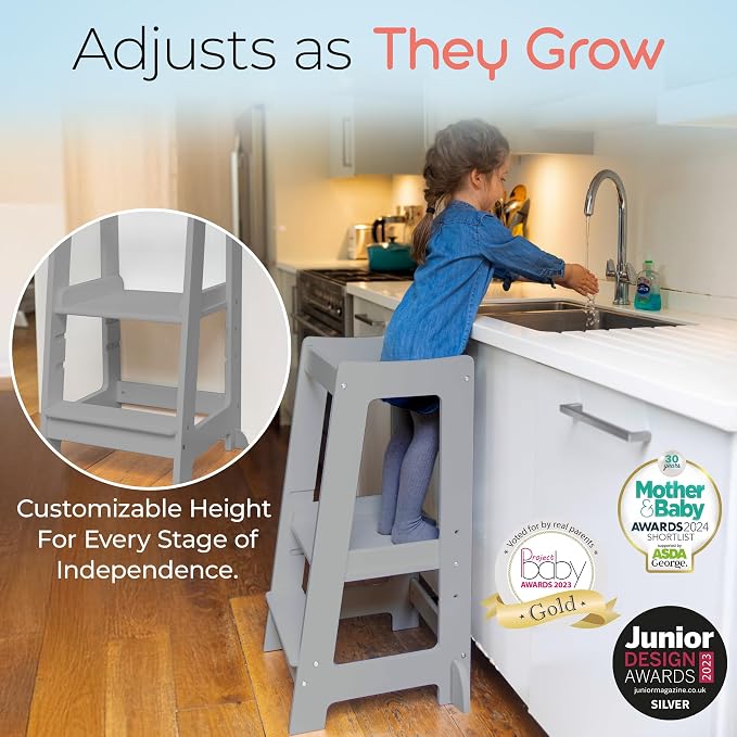 Stepup Baby Toddler Standing Tower - 3 Level Adjustable Wooden Kitchen Step Stool, Bathroom Sink, Kitchen Counter, Kids 18 Months to 4 Years Gift - Gray