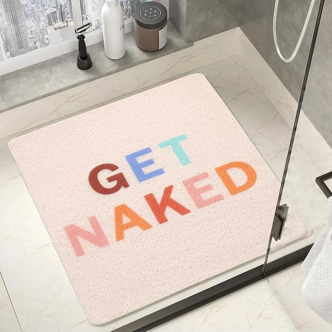 Get Naked Square Shower Mat, Non Slip Bath Mat Quick Drying Bathmat Easy Cleaning Shower Matt for Bathroom Floor, Cute Fun Bath Mats Textured Surface Shower Foot Scrubber Mat, 24″X24″