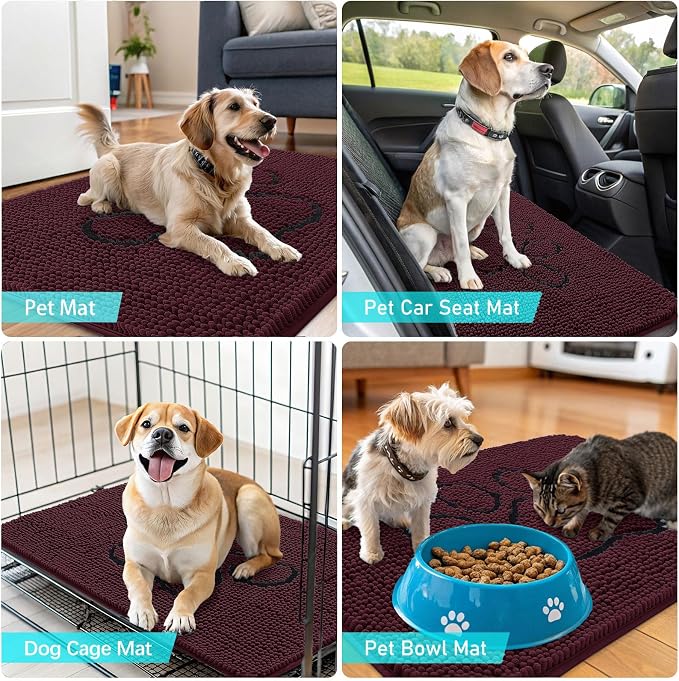 OLANLY Dog Door Mat for Muddy Paws 30x20, Paw Print Design, Absorbs Moisture and Dirt, Absorbent Non-Slip Washable Doormat, Quick Dry Chenille Mud Mat for Dogs, Entry Indoor Entryway Carpet, Russet