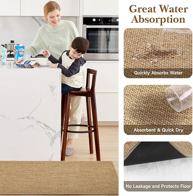 Kitchen Rugs and Mats, Non Slip Washable Set of 2 PCS, Absorbent Kitchen Mats for Floor, Kitchen Runner Rug, Rubber Backing, for Kitchen Decor, Front of Sink (Khaki, 20’’*32’’+20’’*72’’)
