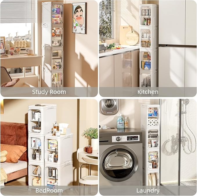 JOYZAN Narrow Bathroom Storage Cabinet with Movable Wheels, Slim Storage Cabinet with 4 Doors & Removable Panel, Skinny Bathroom Organizers and Storage for Small Space, Corner, Kitchen, Laundry