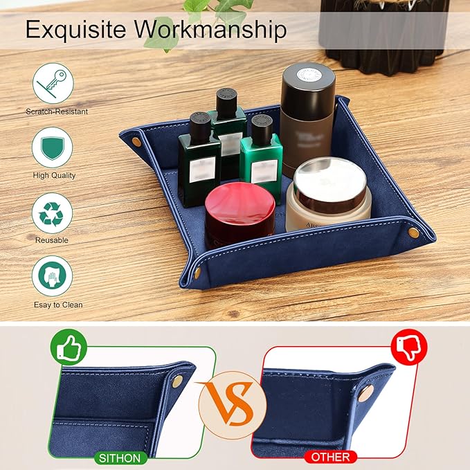 SITHON Valet Tray Desktop Storage Organizer – Premium PU Leather Catchall Bedside Vanity Tray Nightstand Caddy Holder for Keys, Phone, Wallet, Valentine's Day Gift, Dark Blue