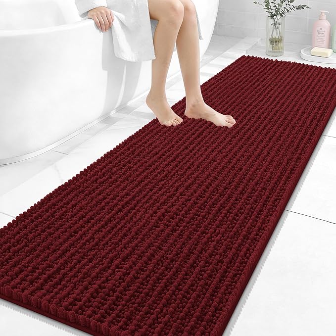 OLANLY Long Bathroom Rugs Runner 70x24, Thick Soft and Absorbent Chenille Bath Mat, Non-Slip, Machine Washable Quick Dry Bath Rugs for Tub Shower Floor, Home Decor Accessories, Burgundy