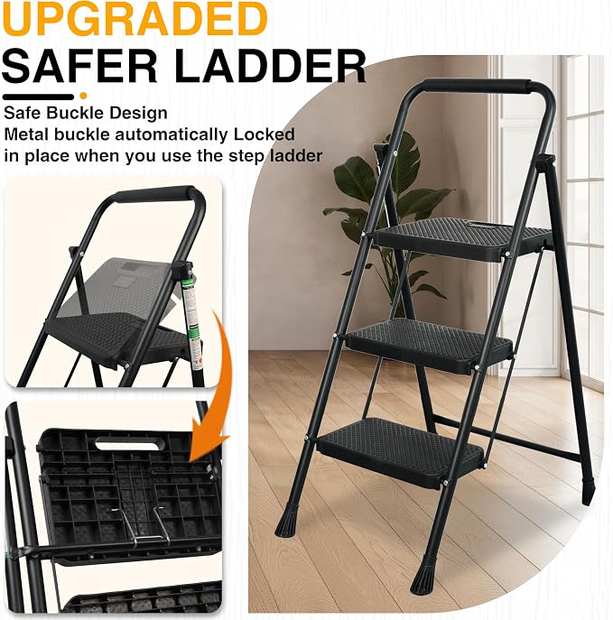 Step Ladder, Portable Steel Folding Step Stool with Wide Anti-Slip Pedal & Convenient Handgrip, Sturdy Steel Ladder, 3-Step, Black