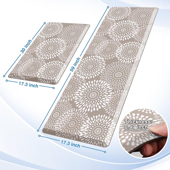 LuxStep Kitchen Mats for Floor,0.47 inch Thicker Cushioned Rug Anti-Fatigue Mats for Kitchen Decor Accessories,Waterproof Non-Slip Mats and Rugs Set for Office,Laundry 17.3"×29"+17.3"×60",Khaki