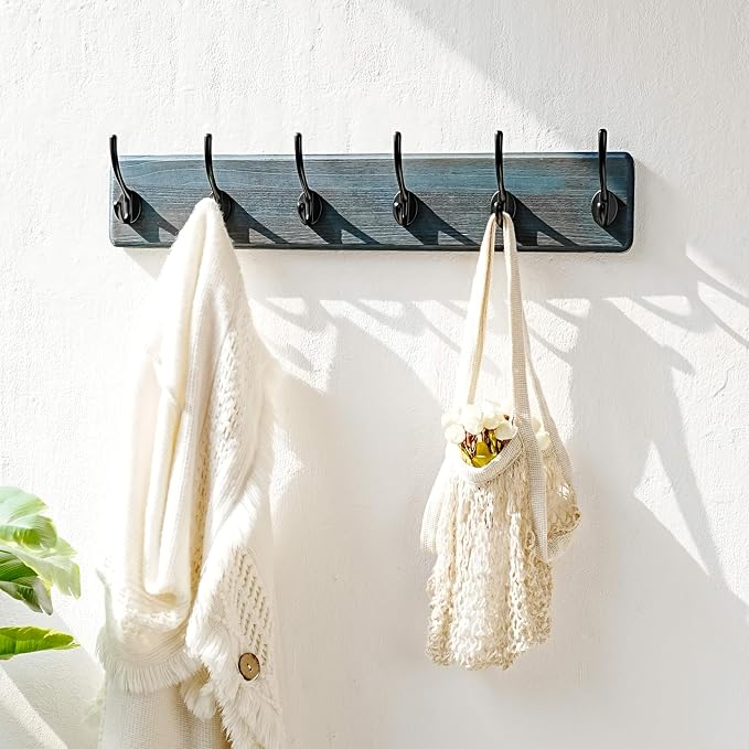 Dseap Coat Rack Wall: 24" Long, Patented, Heavy-Duty, 6-Double-Hooks Wooden Wall Mounted Coat Rack Coat Hanger Hook Rail for Winter Coats Hat Jacket Clothing, Weathered Blue