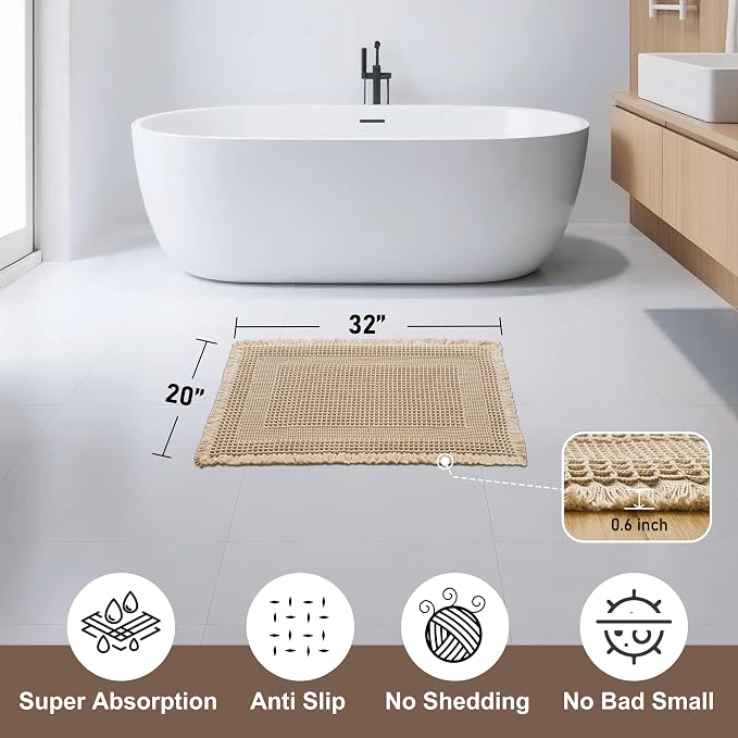 JIUZHEN Waffle Bath Mat Super Absorbent Bath Mat Non Slip Boho Bath Rugs for Bathroom Floor Machine Washable Quick Drying Bathroom Rugs with Tassels, 20" x 32", Loop-Brown