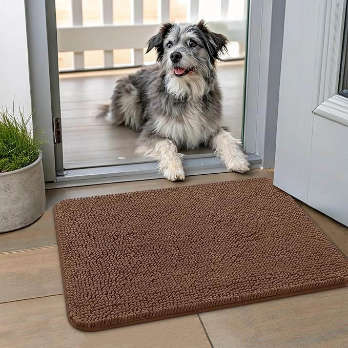 Smiry Dog Door Mat for Muddy Paws 24x16, Absorbent Dirt Trapper, Non-Slip Washable Chenille Entryway Rug for Inside Floor, Mocha, Classic Solid