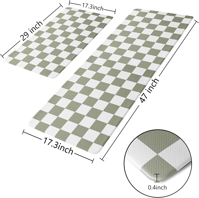 Sage Green Checkered Grid Checkerboard Kitchen Rug Sets [2 PCs], Anti-Fatigue, Waterproof Non-Slip Kitchen Mats Heavy Duty Comfort Foam Rug for Kitchen, Floor, Home,Laundry,17"x29"+17"x47"